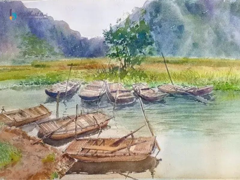 Tranh màu nước phong cảnh quê hương Tranh màu nước phong cảnh quê hương