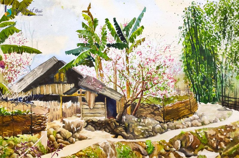 Tranh màu nước phong cảnh quê hương Tranh màu nước phong cảnh quê hương
