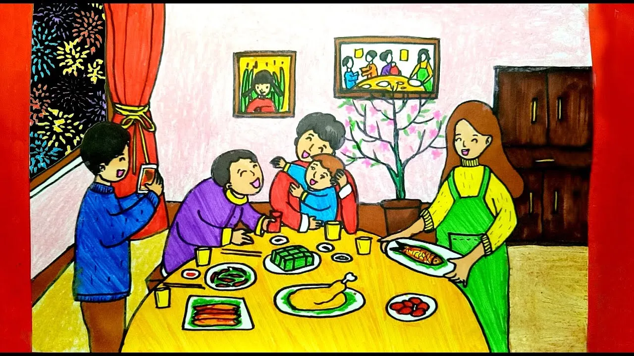 Vẽ tranh gia đình ngày tết