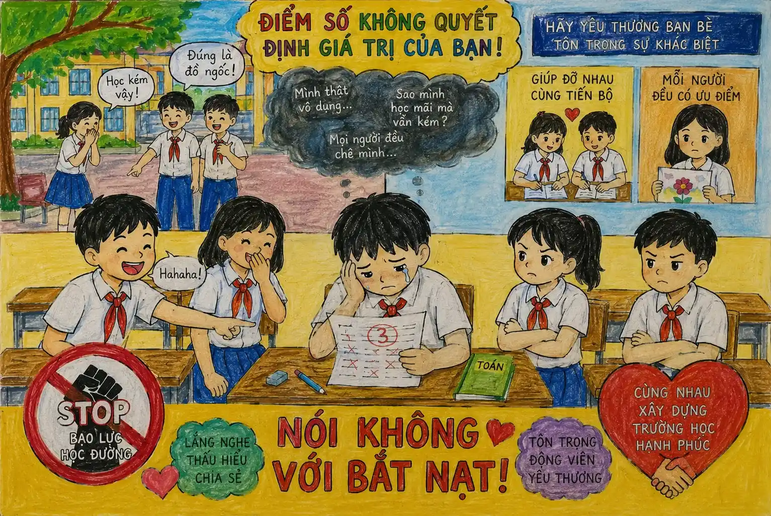 Tranh vẽ bạo lực học đường sự áp lực của học sinh bị bắt nạt vì điểm số Tranh vẽ bạo lực học đường sự áp lực của học sinh bị bắt nạt vì điểm số