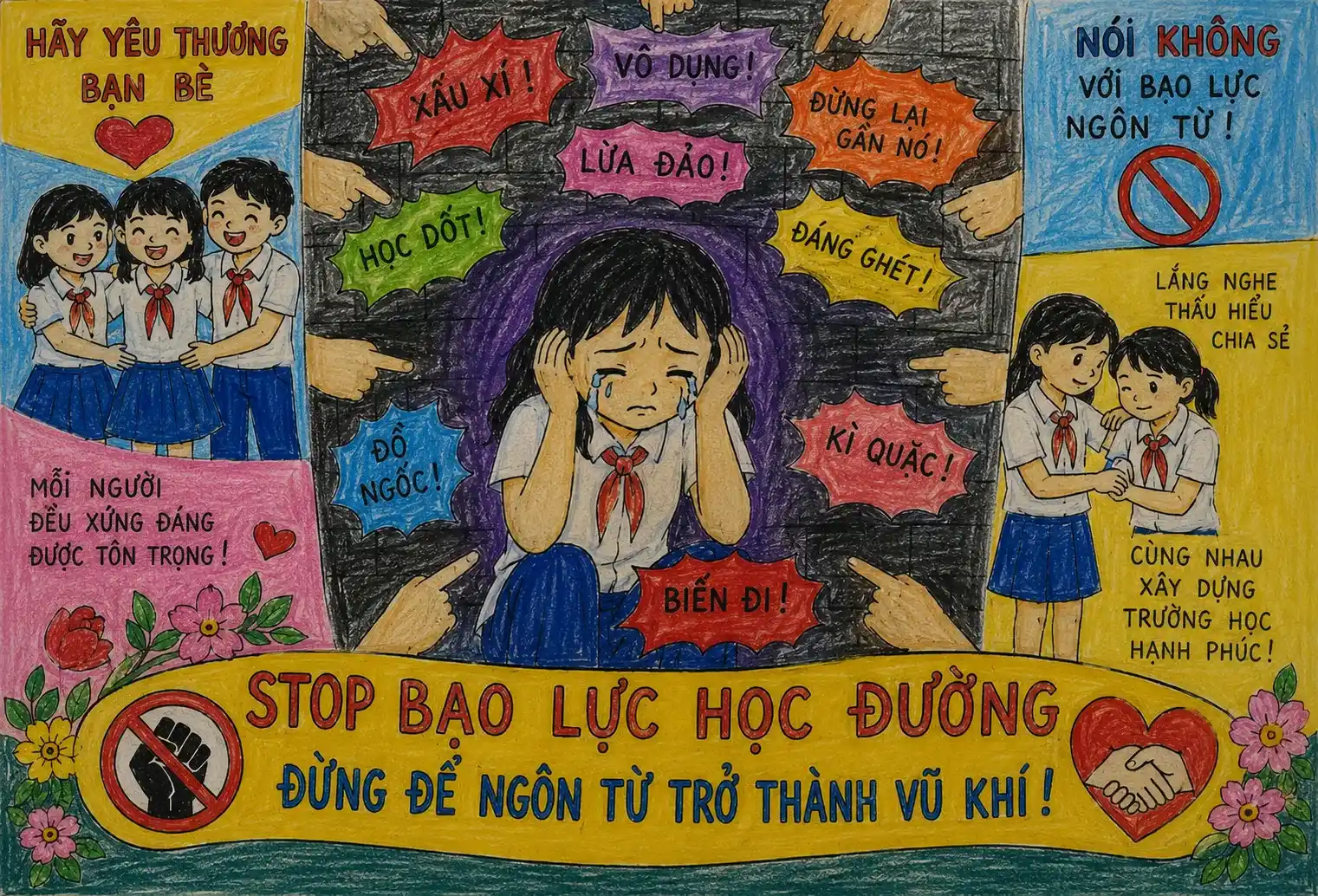 Tranh vẽ bạo lực học đường bức tường bủa vây bởi ngôn từ tiêu cực Tranh vẽ bạo lực học đường bức tường bủa vây bởi ngôn từ tiêu cực