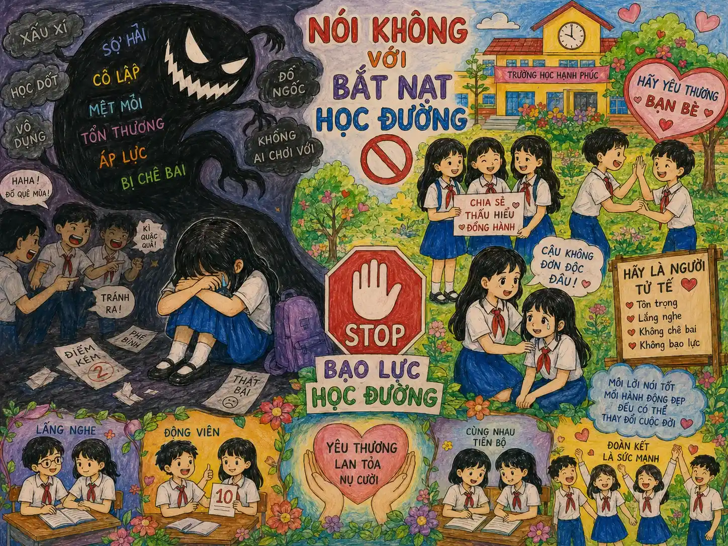 Vẽ chiếc bóng đen ẩn dụ cho nỗi sợ hãi tinh thần Tranh vẽ phòng chống bạo lực học đường