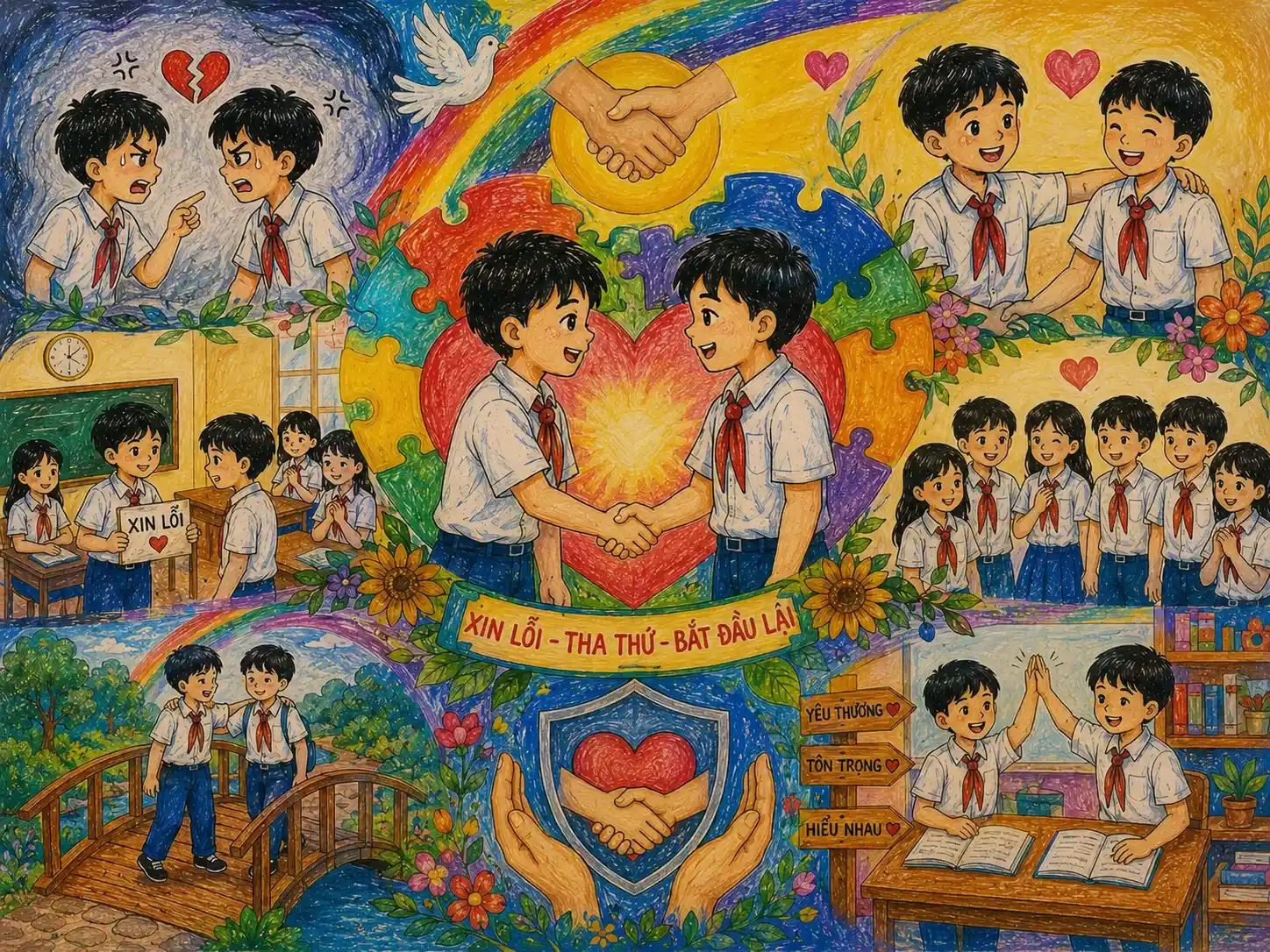Vẽ cái bắt tay hòa giải của những người bạn Vẽ tranh chống bạo lực học đường