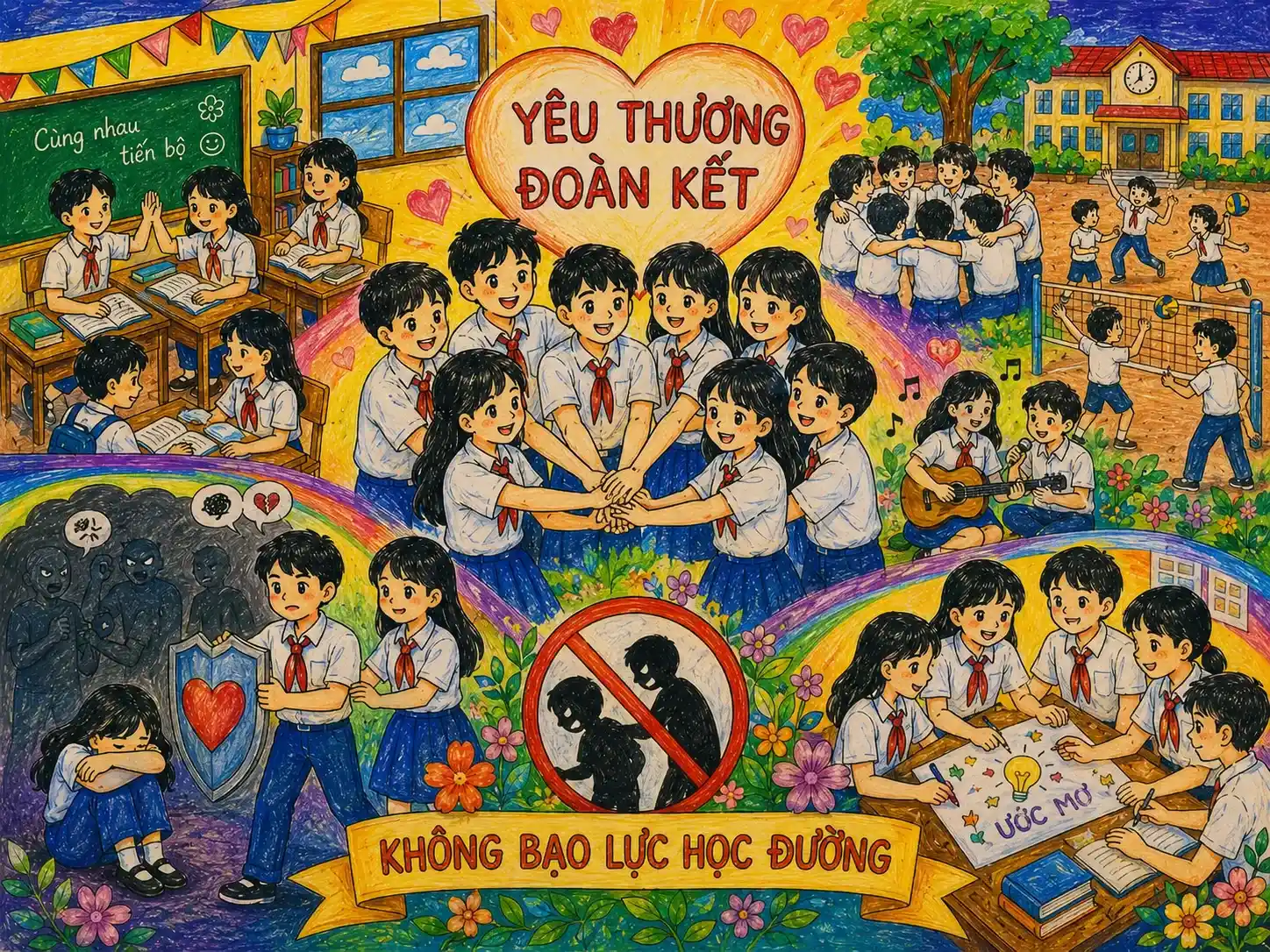 Vẽ tập thể lớp học đoàn kết và gắn bó Vẽ tranh chống bạo lực học đường