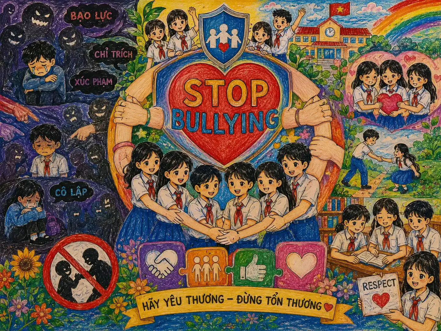 Vẽ bức tranh cổ động mang thông điệp Stop Bullying Vẽ tranh chống bạo lực học đường