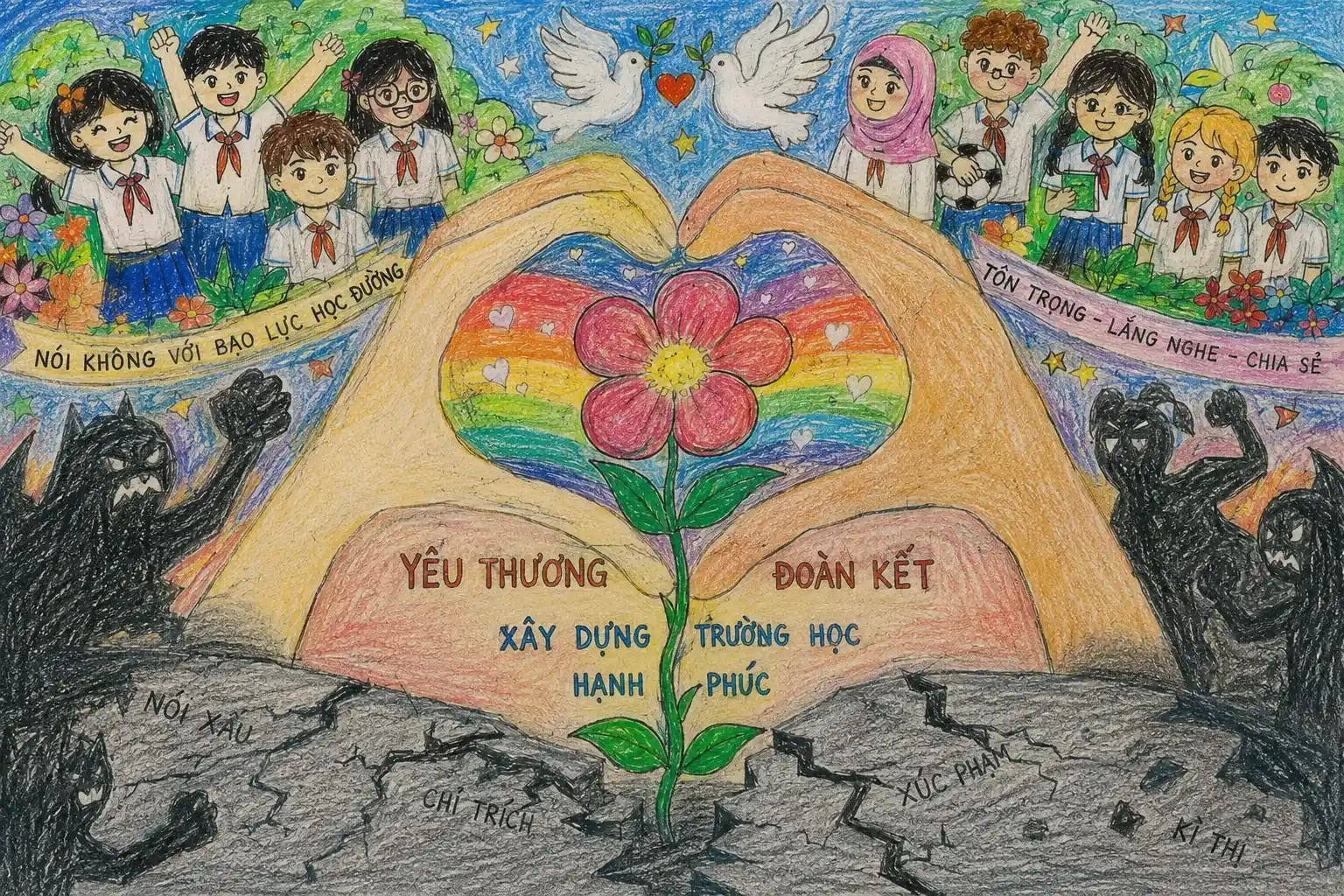 Vẽ tranh bạo lực học đường tập trung vào các biểu tượng ý nghĩa Vẽ tranh bạo lực học đường tập trung vào các biểu tượng ý nghĩa