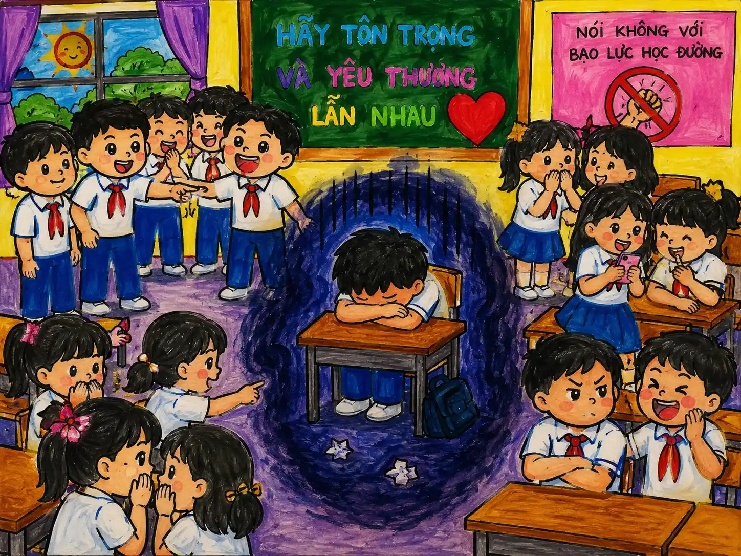 Vẽ tranh bạo lực học đường cảnh học sinh bị cô lập giữa lớp học Vẽ tranh bạo lực học đường cảnh học sinh bị cô lập giữa lớp học