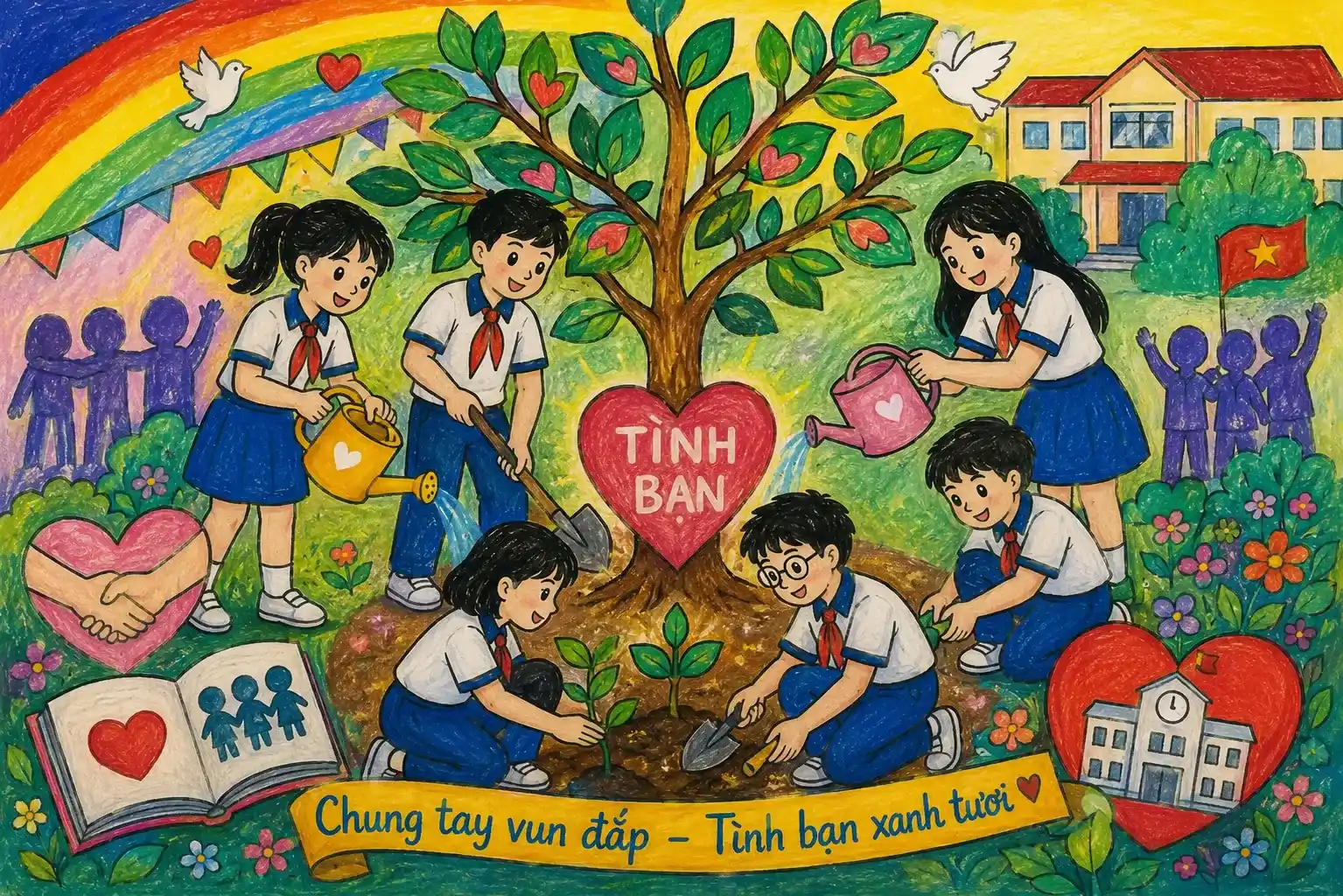Vẽ tranh bạo lực học đường học sinh cùng vun đắp cây tình bạn xanh tươi Vẽ tranh bạo lực học đường học sinh cùng vun đắp cây tình bạn xanh tươi