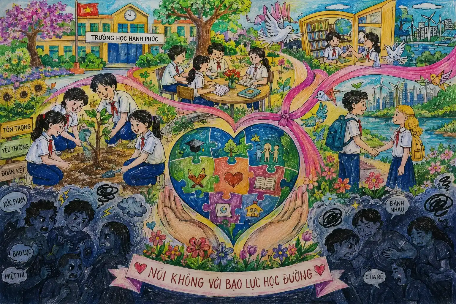 Vẽ mô hình trường học hạnh phúc xanh sạch đẹp Vẽ tranh bạo lực học đường mô hình trường học hạnh phúc xanh sạch đẹp