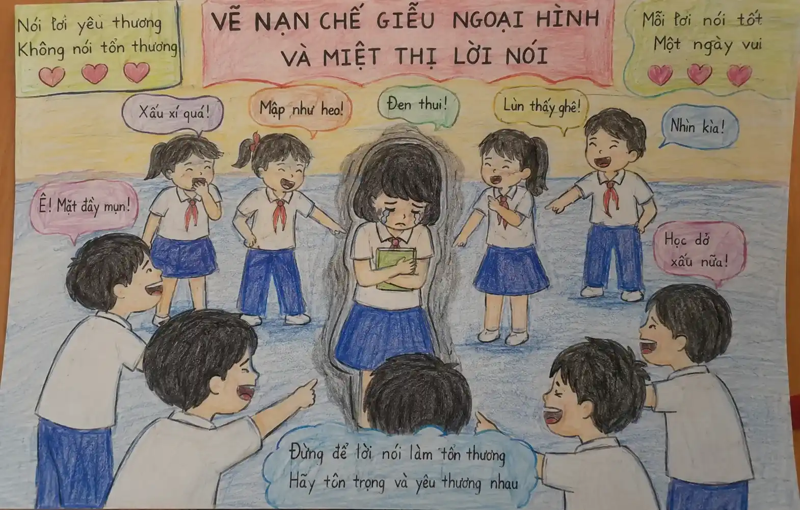 Vẽ tranh bạo lực học đường nạn chế giễu ngoại hình và miệt thị lời nói Vẽ tranh bạo lực học đường nạn chế giễu ngoại hình và miệt thị lời nói
