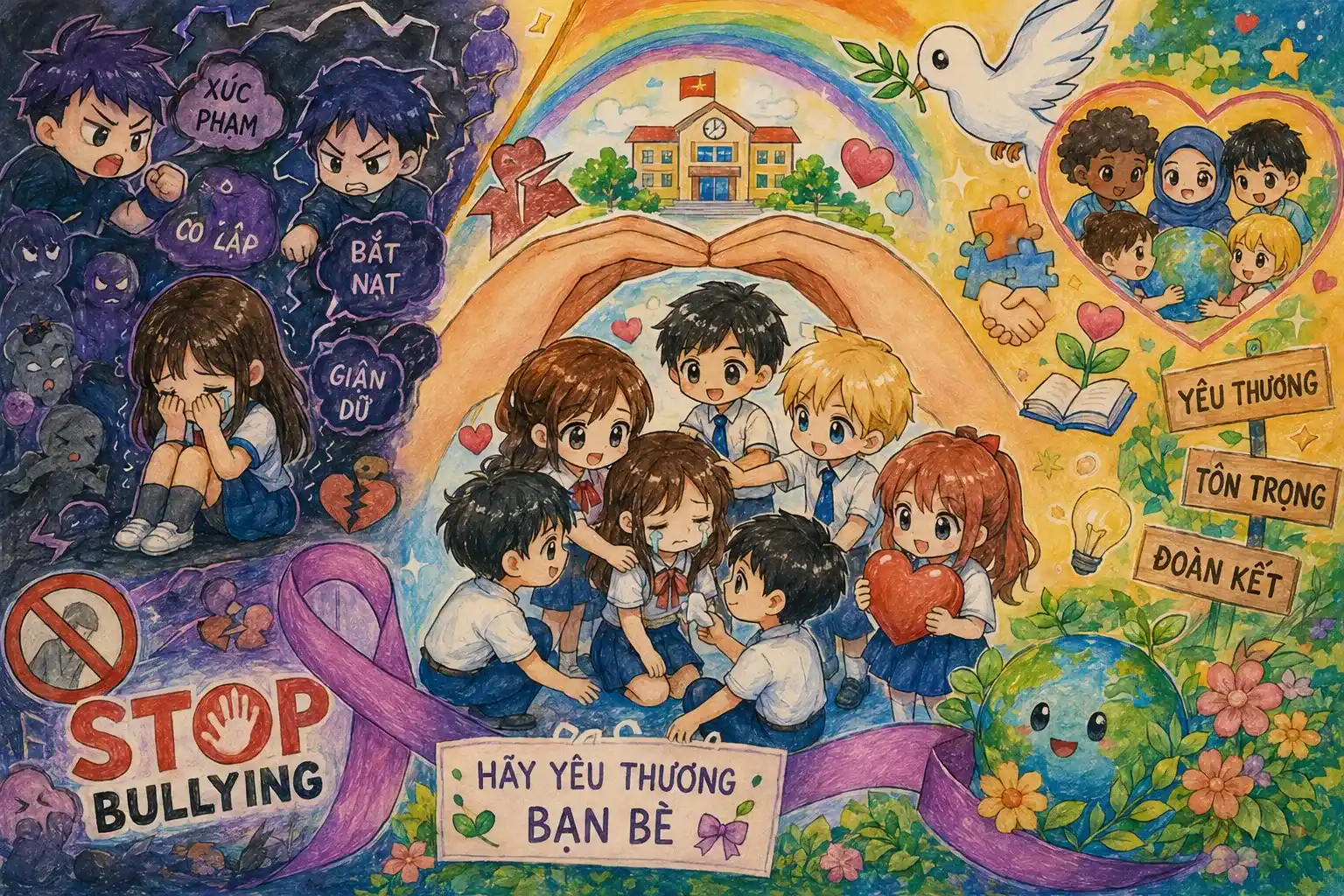 Vẽ tranh bạo lực học đường theo phong cách Chibi dễ thương Vẽ tranh bạo lực học đường theo phong cách Chibi dễ thương