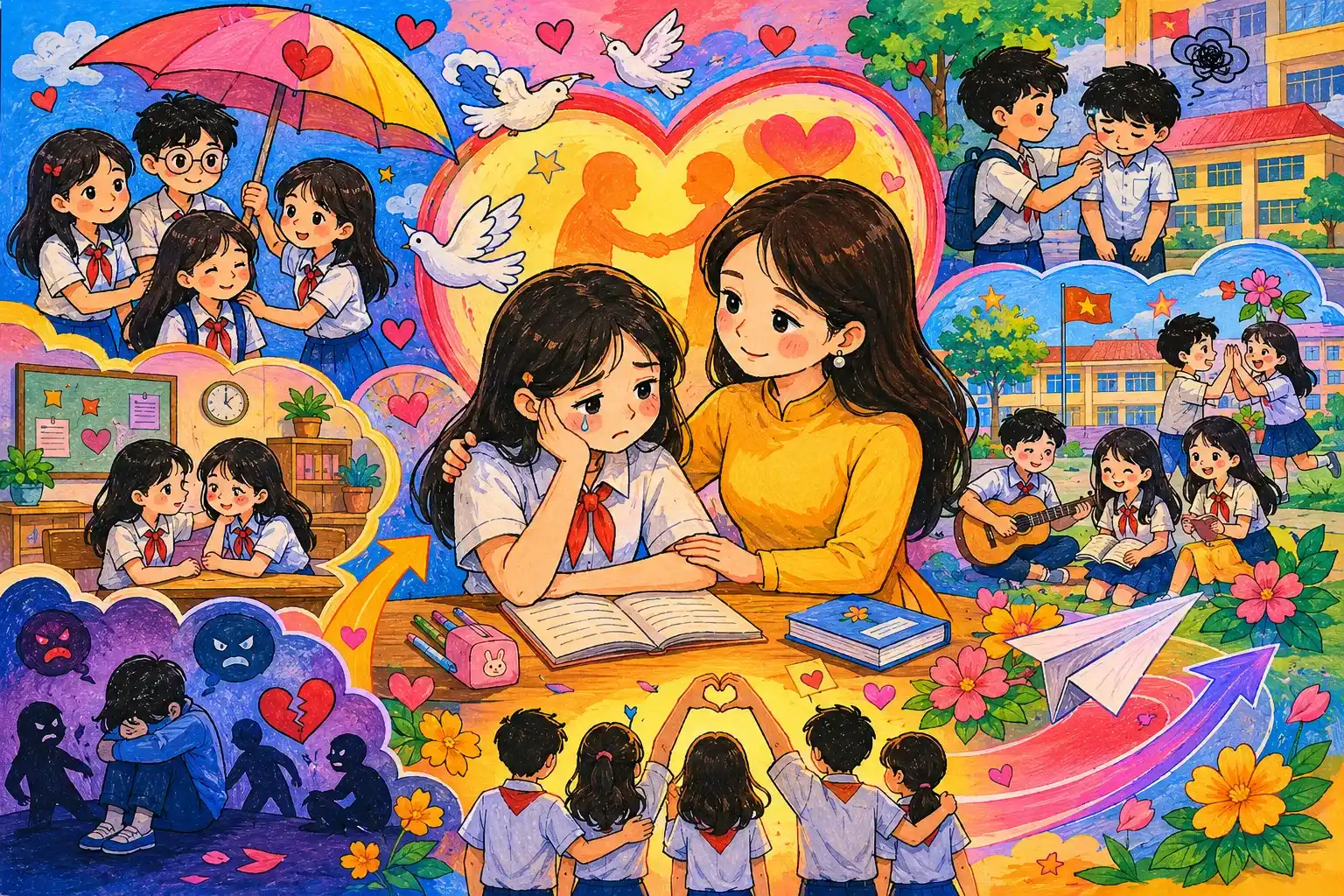 Vẽ cảnh thầy cô ân cần lắng nghe tâm tư học sinh Vẽ tranh bạo lực học đường cảnh thầy cô ân cần lắng nghe tâm tư học sinh