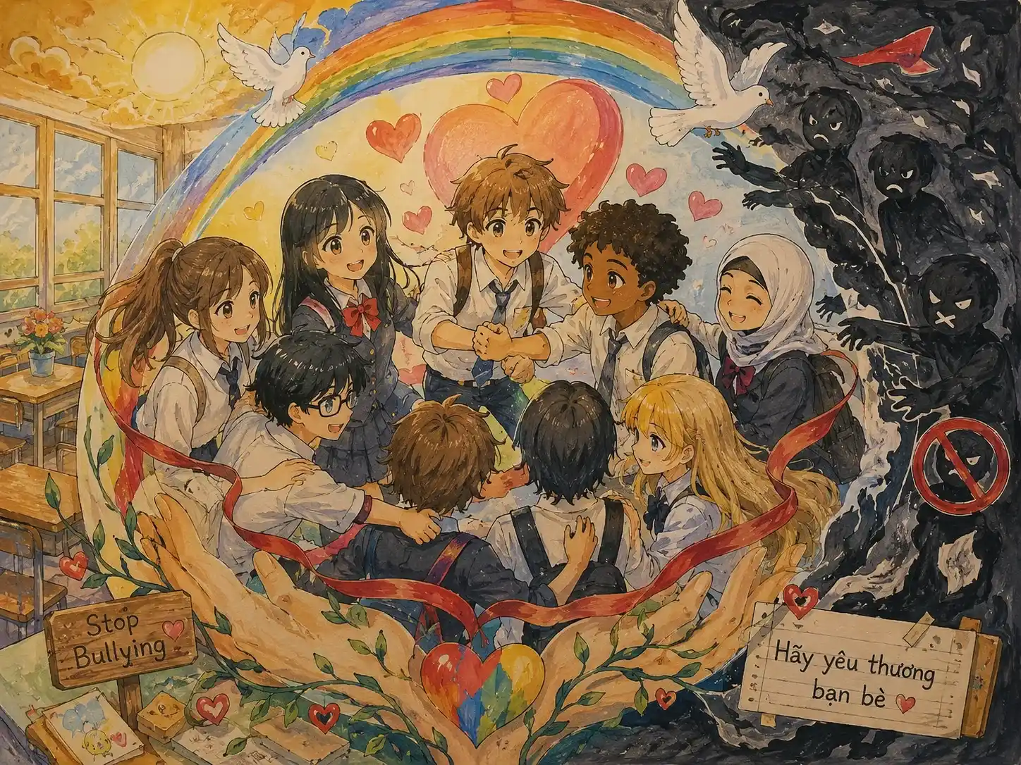 Vẽ tranh tình bạn học đường bằng nét vẽ Anime Nhật Bản Vẽ tranh bạo lực học đường tình bạn học đường bằng nét vẽ Anime Nhật Bản