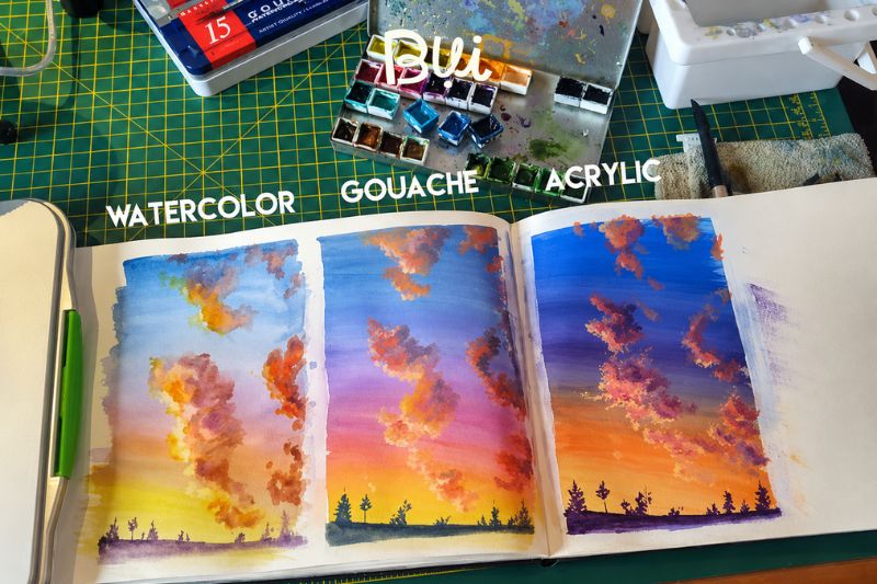 So sánh màu nước với gouache, acrylic và màu bột