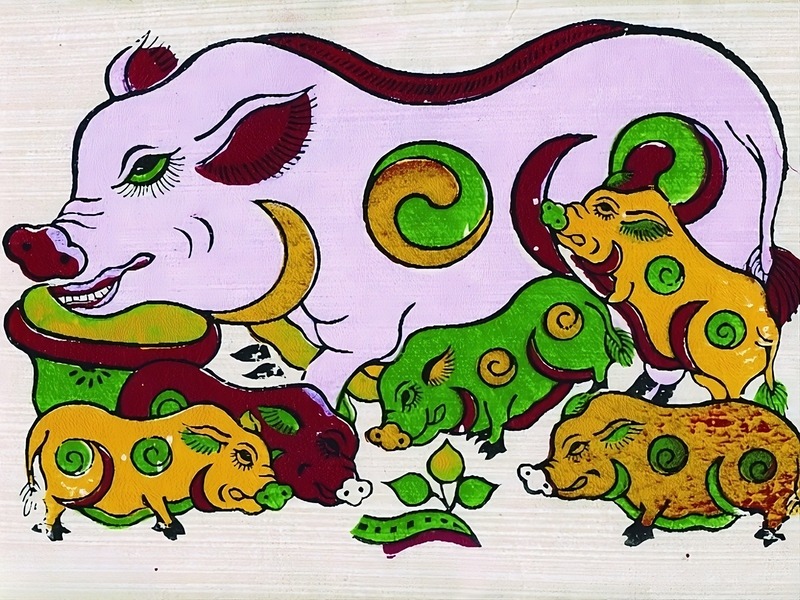 Tranh đàn lợn âm dương (Lợn ăn cây ráy)